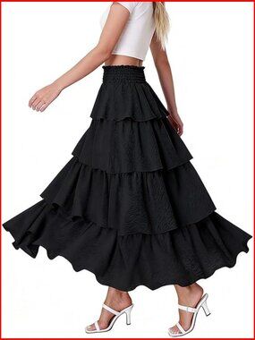 Maxi Skirt High Waisted Tiered Layered Flowy Lightweight Polyester Party Wedding